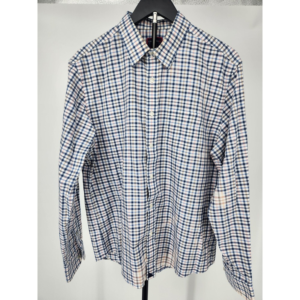 UNTUCKit Mens Large Wrinkle Free Button Down Shirt Blue Pink Tan Check L/S